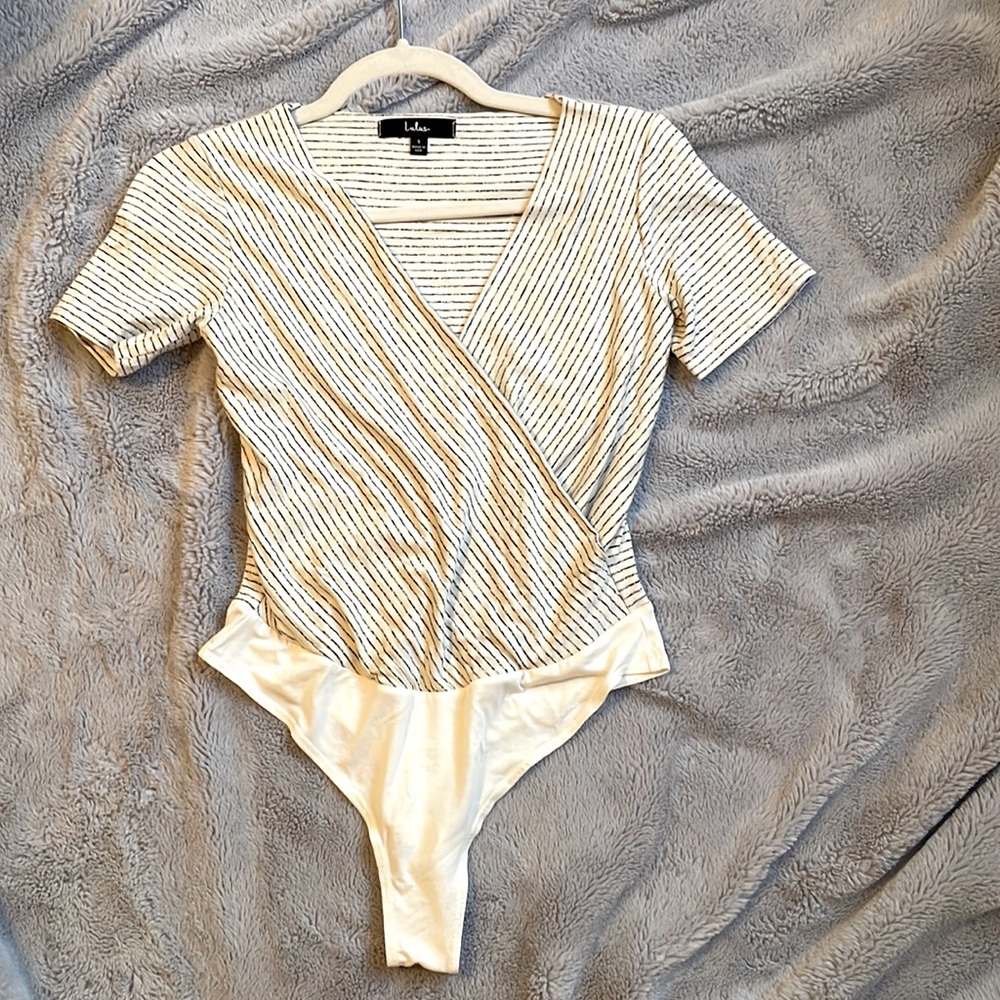 Lulus White Striped Surplice Bodysuit